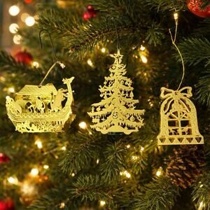 Vintage Gold Tone Metal Christmas Ornaments Lot Tree Noahs Ark Window Decor